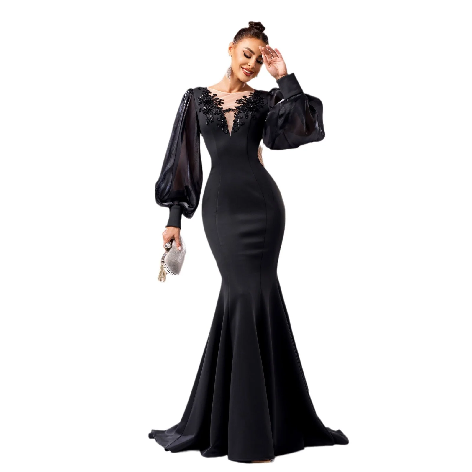 Sophisticated Women's Black Lace Appliqué Lantern Sleeve Evening Dress – High-Waist Sheath Fishtail Banquet Gown Premium Material