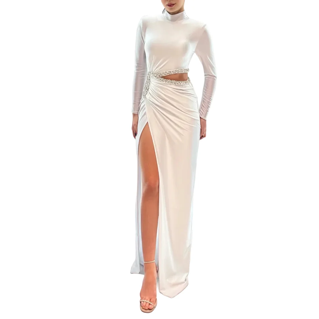 Easy-to-Use Women's White Long Sleeve Waist Cut-Out Rhinestone Evening Dress – Ruched High-Slit Maxi Gown Classic