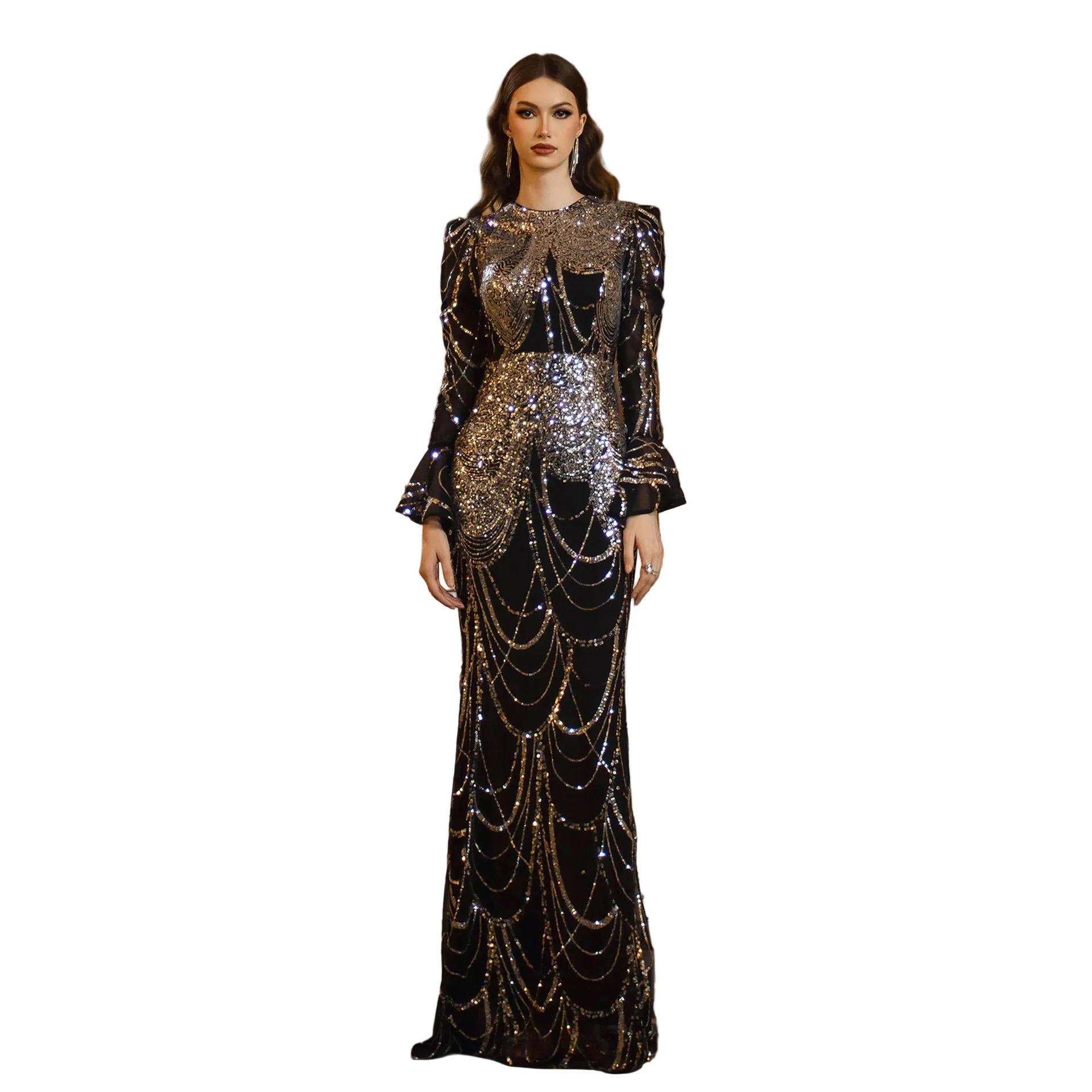 Powerful Women's Long Sleeve Round Neck Sequined Fishtail Evening Dress – Black Silver Slim-Fit Sheath Banquet Gown Fashionable
