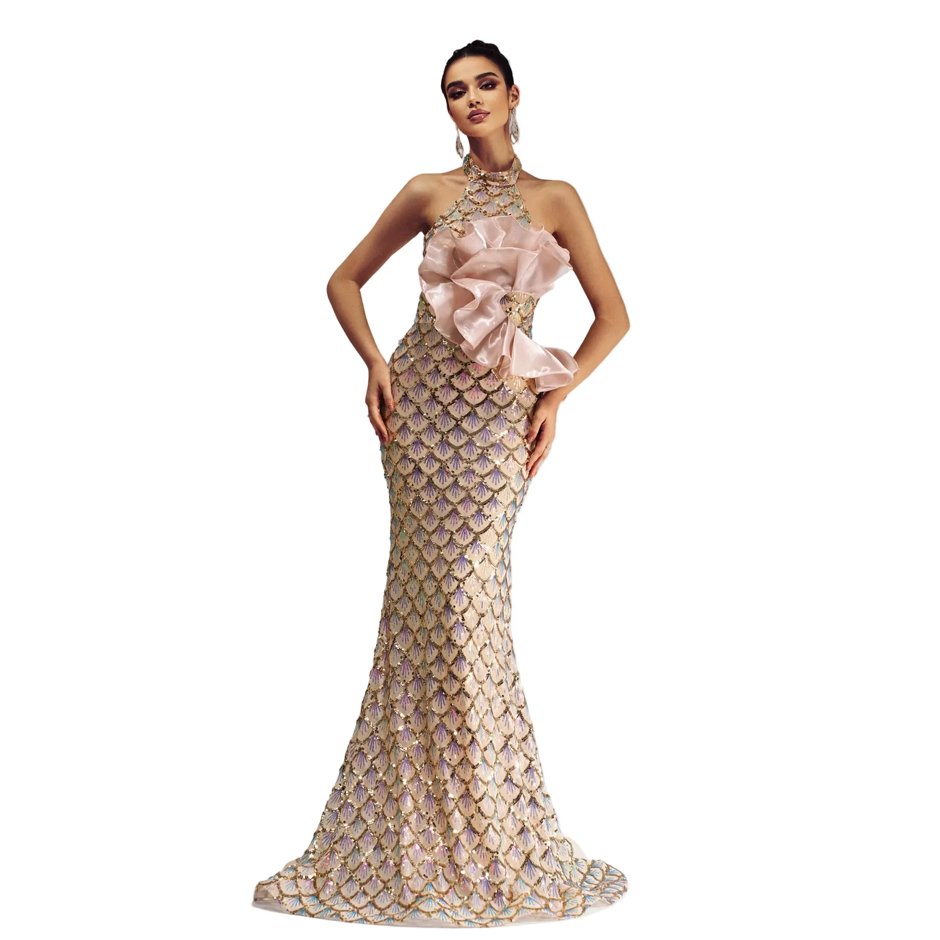 Soft Women's Champagne Halter Neck Sequined Mermaid Evening Dress – 3D Floral Corsage Backless Gown Practical