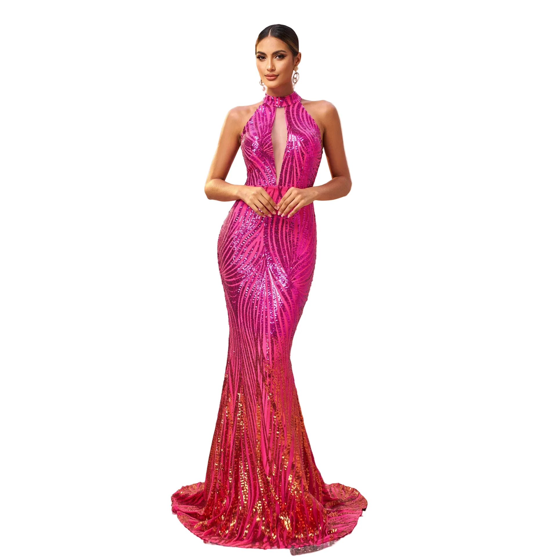 Eco-Friendly Women's Rose Red High-Neck Keyhole Sequined Evening Dress – Slim-Fit Mermaid Banquet Gown Exclusive