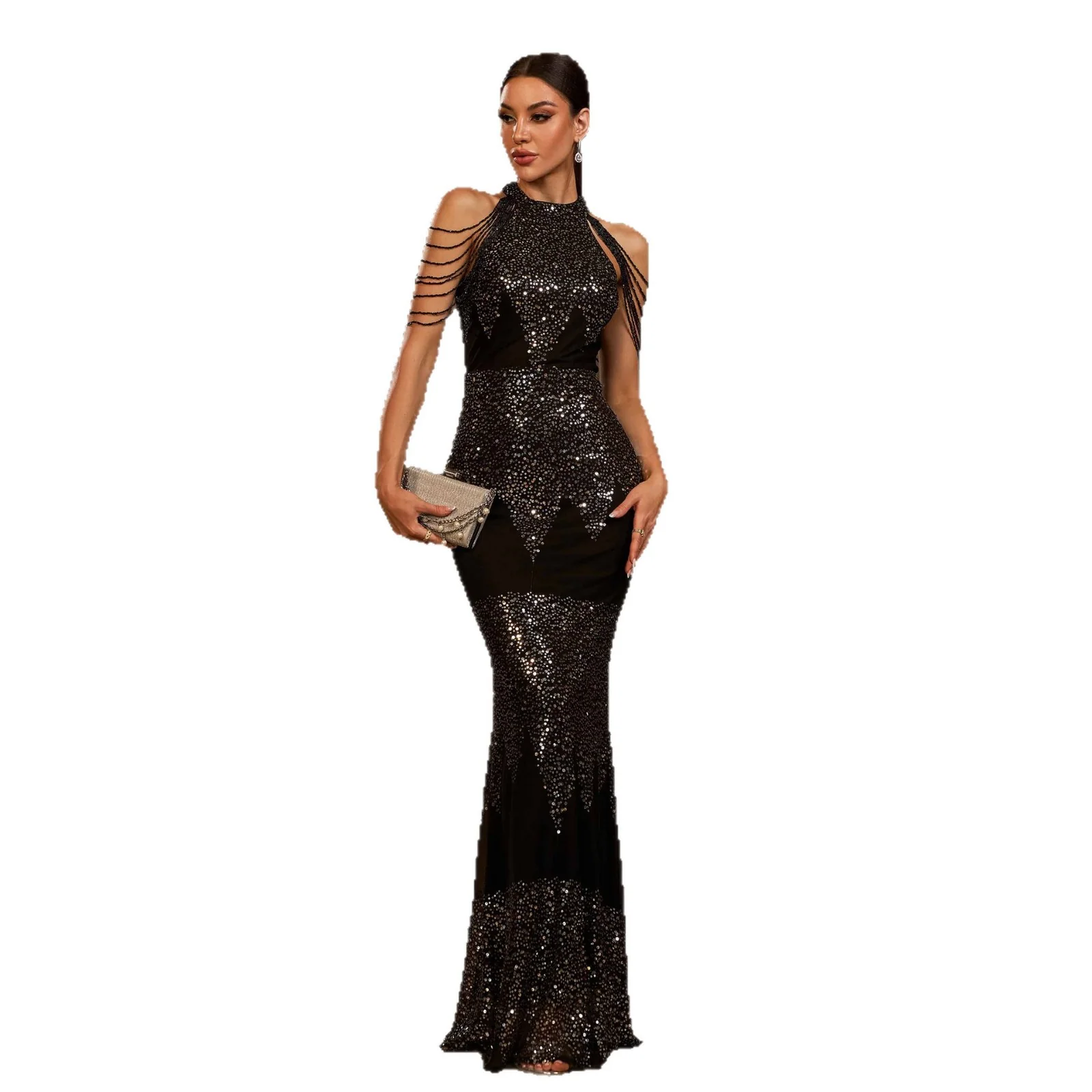 Classic Women's Halter Neck Sequin Beaded Evening Gown – High-Waist Slim-Fit Black Bodycon Dress Responsible