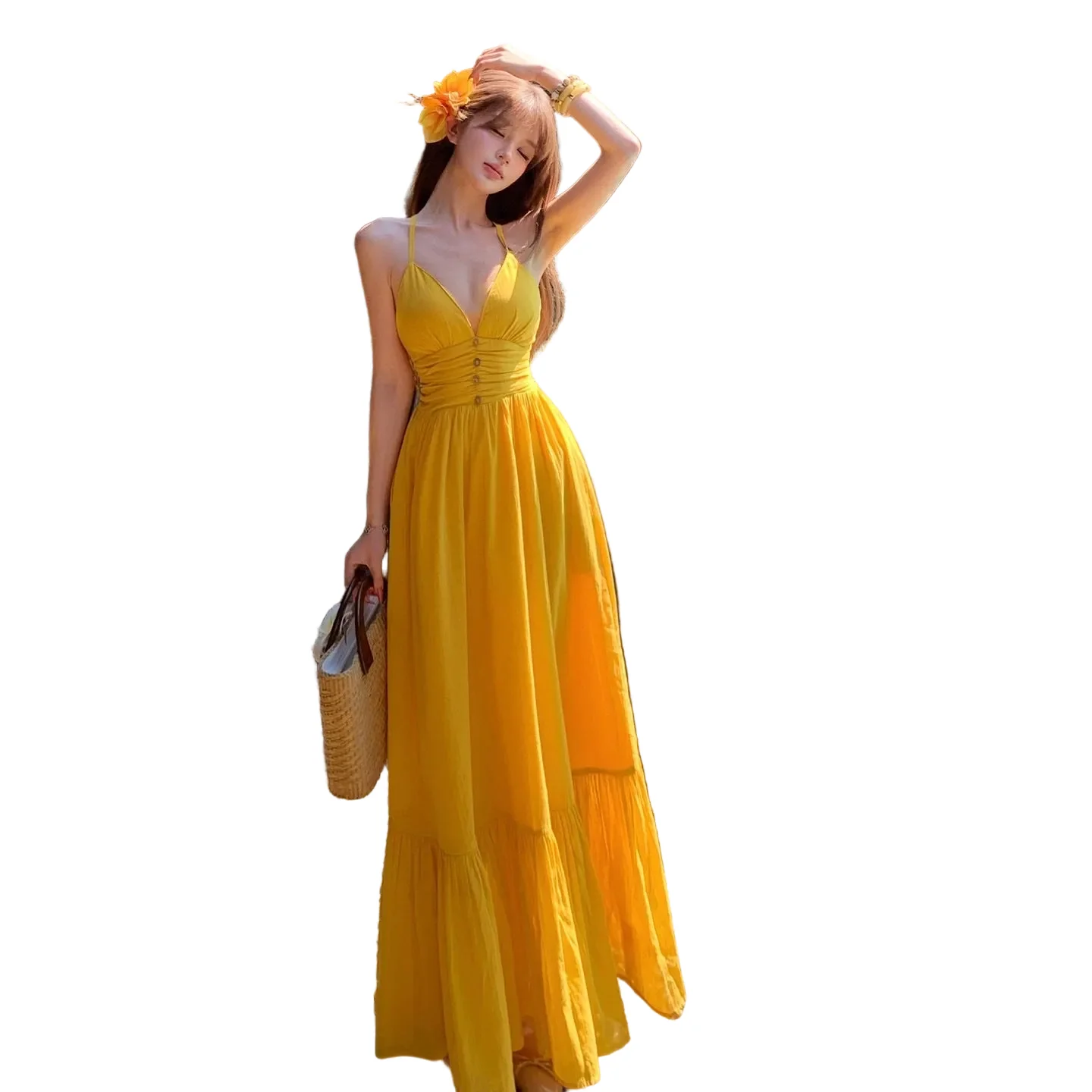Contemporary Women's Yellow V-Neck Spaghetti Strap Sundress – High-Waisted Flowy Swing Vacation Maxi Dress Fast