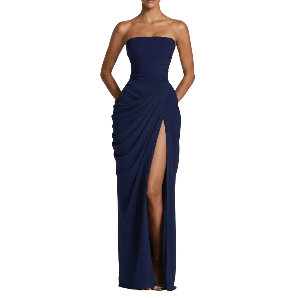 Expertly Made Women's Strapless Ruched High-Slit Maxi Gown with Pockets – Elegant Bodycon Evening Dress Lightweight