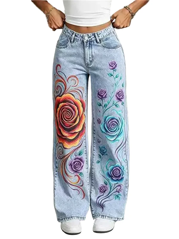 Innovative Women's Graphic Rose Print Straight-Leg Jeans – Mid-Rise Non-Stretch Denim Pants Blue Elite