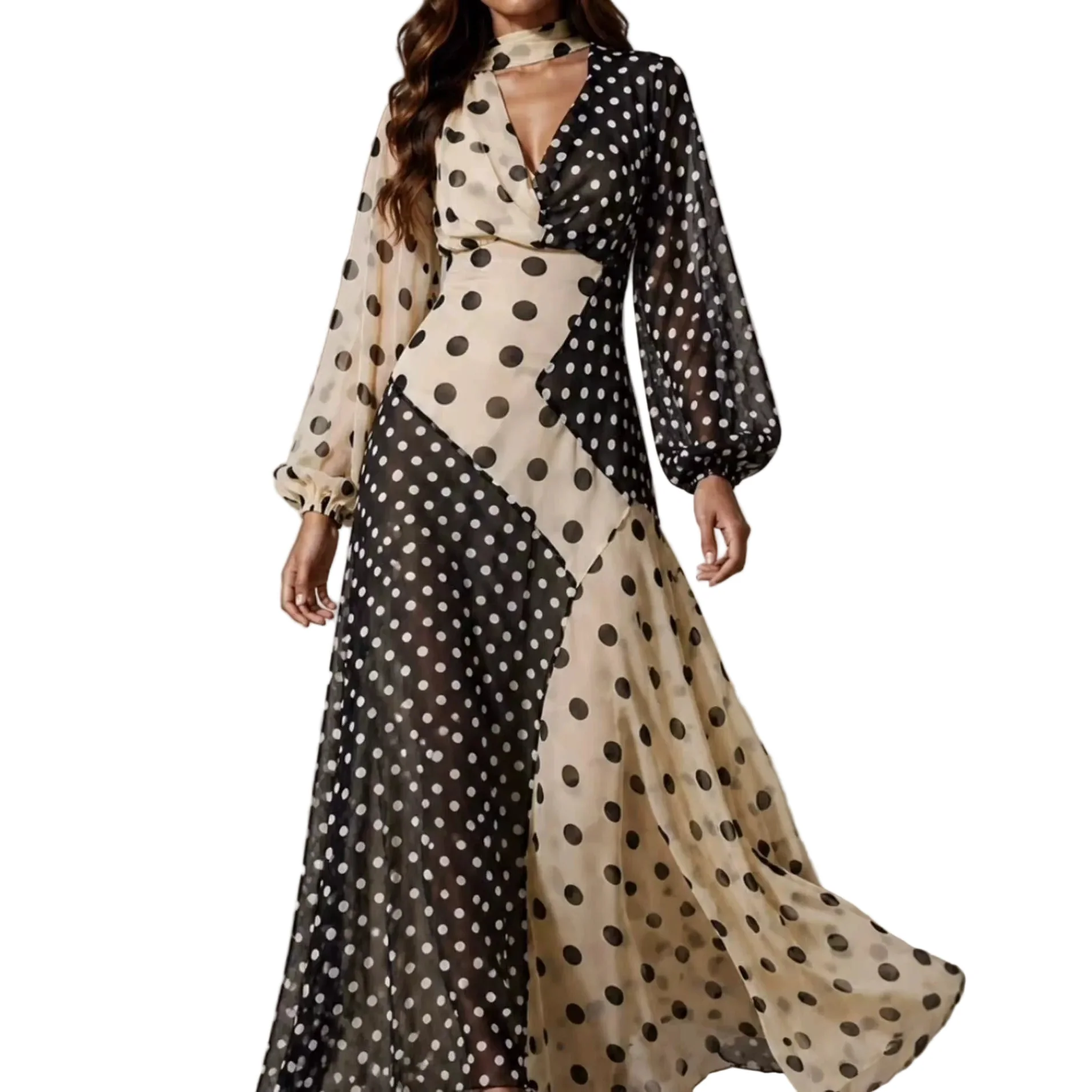 Easy-to-Use Women's High-Waisted Polka-Dot Patchwork Maxi Dress – Slim-Fit Off-Shoulder Socialite Dress White Black Expertly Made