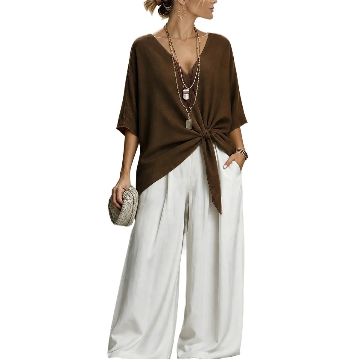 Environmentally Friendly Women's Loose-Fitting Front Tie Knot Blouse – Casual Batwing Sleeve V-Neck Top Innovative