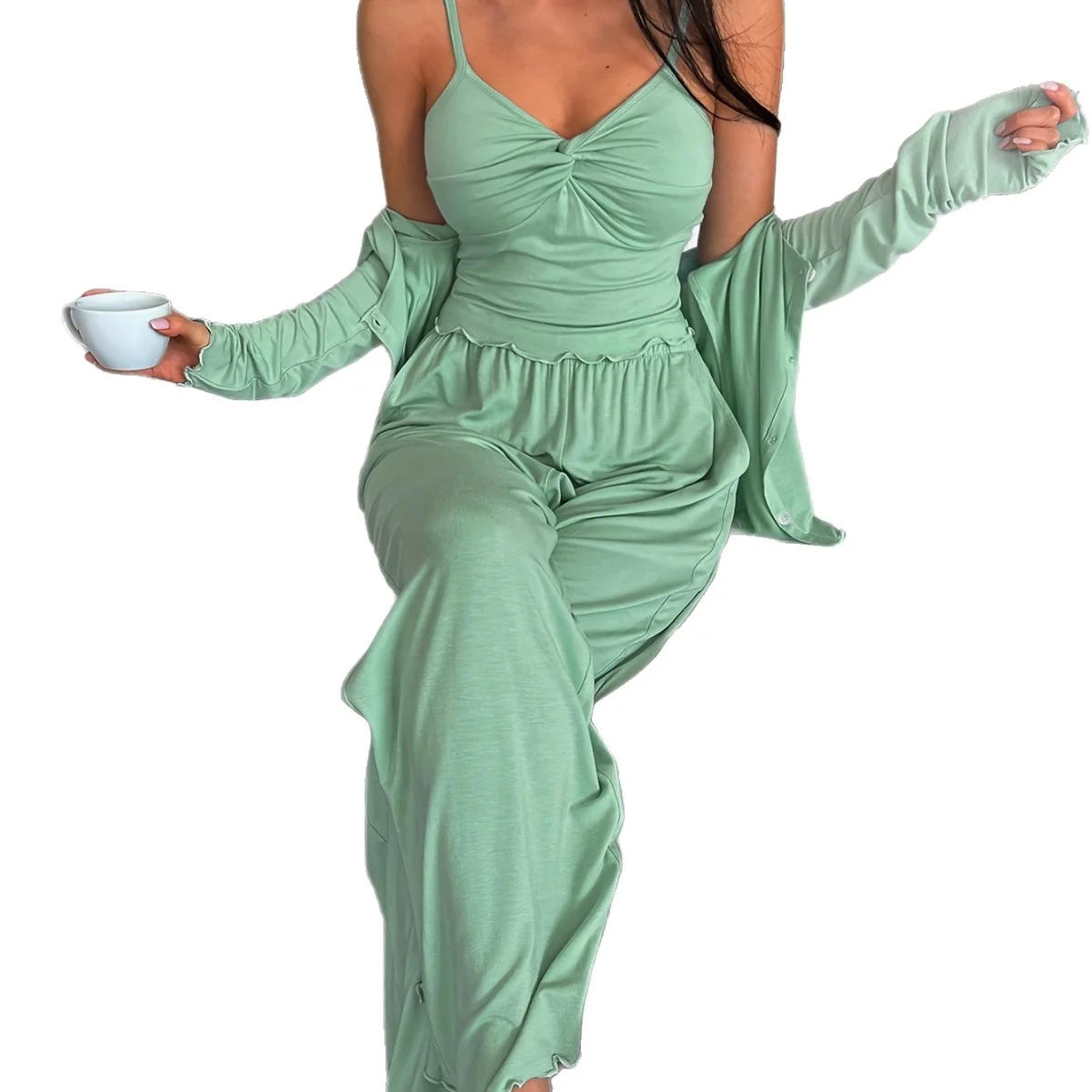 Original Design Women's 3-Piece Milk Silk Strap Jumpsuit with Long Sleeve Jacket Set – Minimalist Loungewear Casual Outfit Fruit Green Powerful
