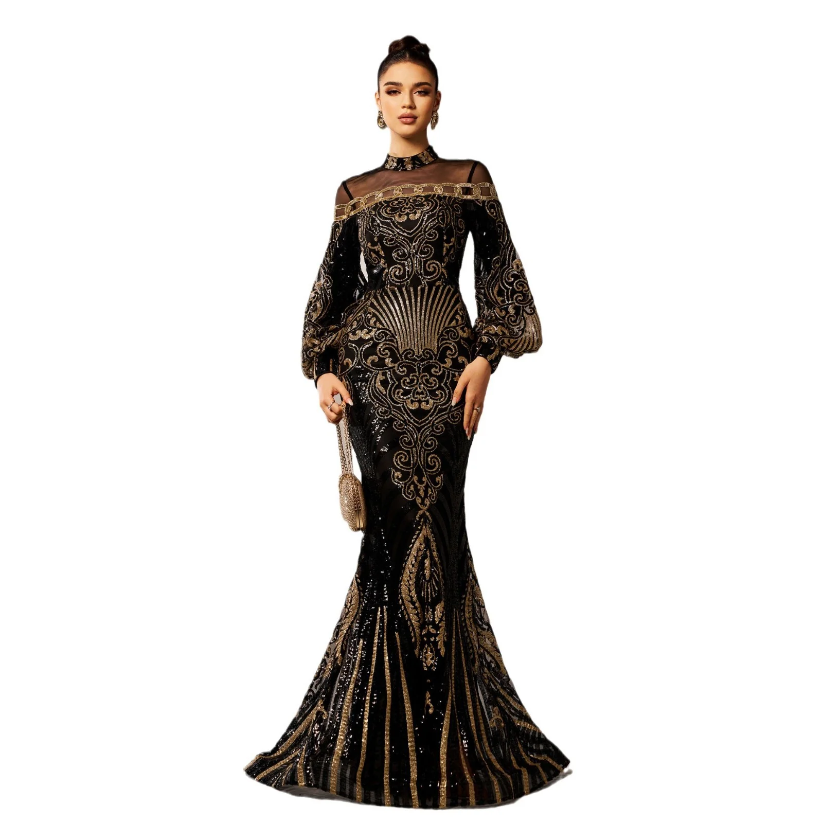 Selected Women's Long Sleeve Round Neck Sequins Mesh Fishtail Evening Dress – Black Form-Fitting Mermaid Gown Prestigious