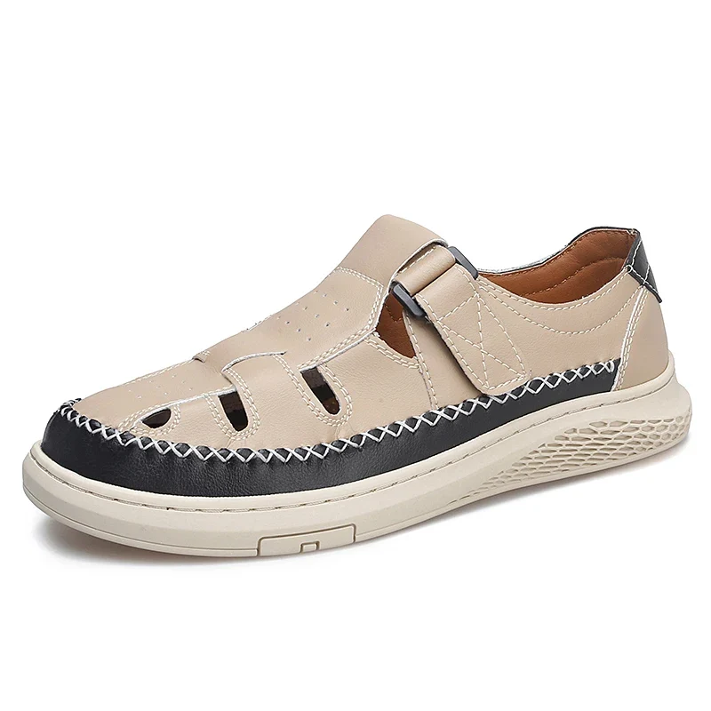 Outstanding Men's Retro Leather Hollow Breathable Sandals Non-Slip Walking Shoes Modern