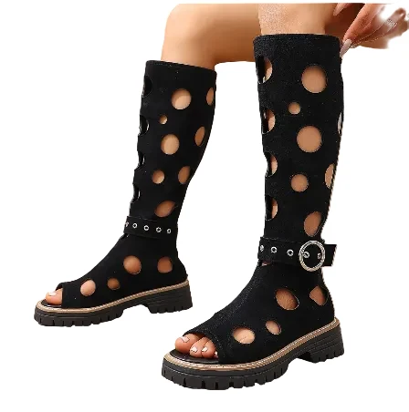Convenient Women's Knee-High Gladiator Sandals Open Toe Flat Buckle Straps Excellent