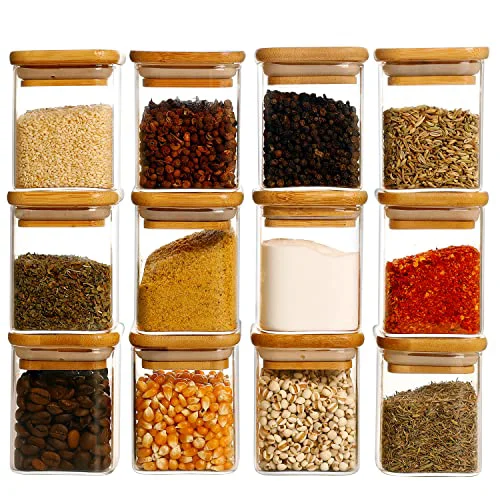 Casual 12 Pcs Square Glass Spice Jars with Natural Bamboo Lids Contemporary