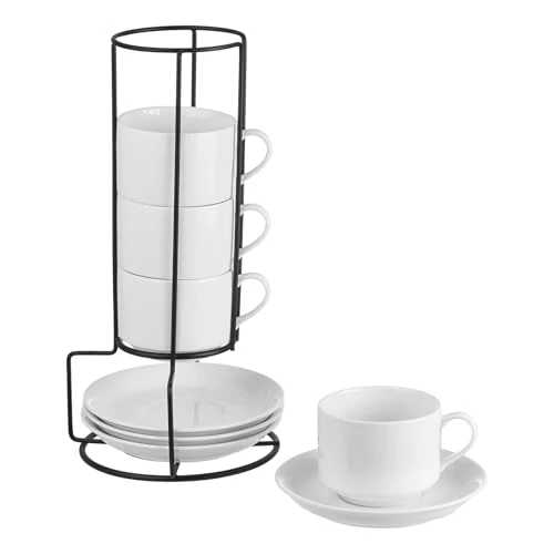 Luxury 8 Ounce Porcelain Stackable Cappuccino Cups and Saucers Set of 4 4 Count Fine Crafted
