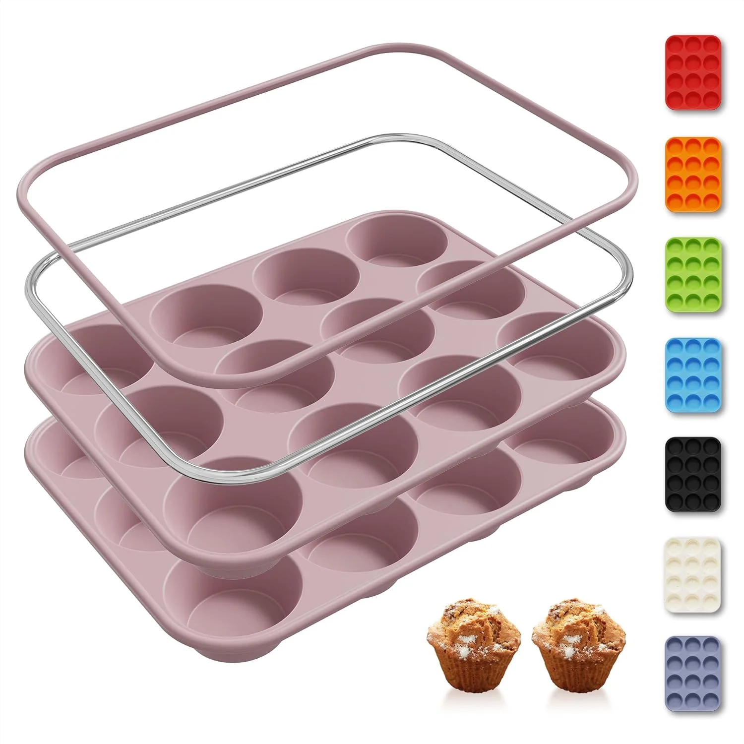 User-Friendly 2 Pack 12 Cups Muffin Pan with Metal Reinforced Frame Regular Size Silicone Molds Cupcake Cake Baking Pans Cookie Baking Chocoflan Cupcake Mold Silicone Egg Bite Molds Baking Items Stuff Trendy