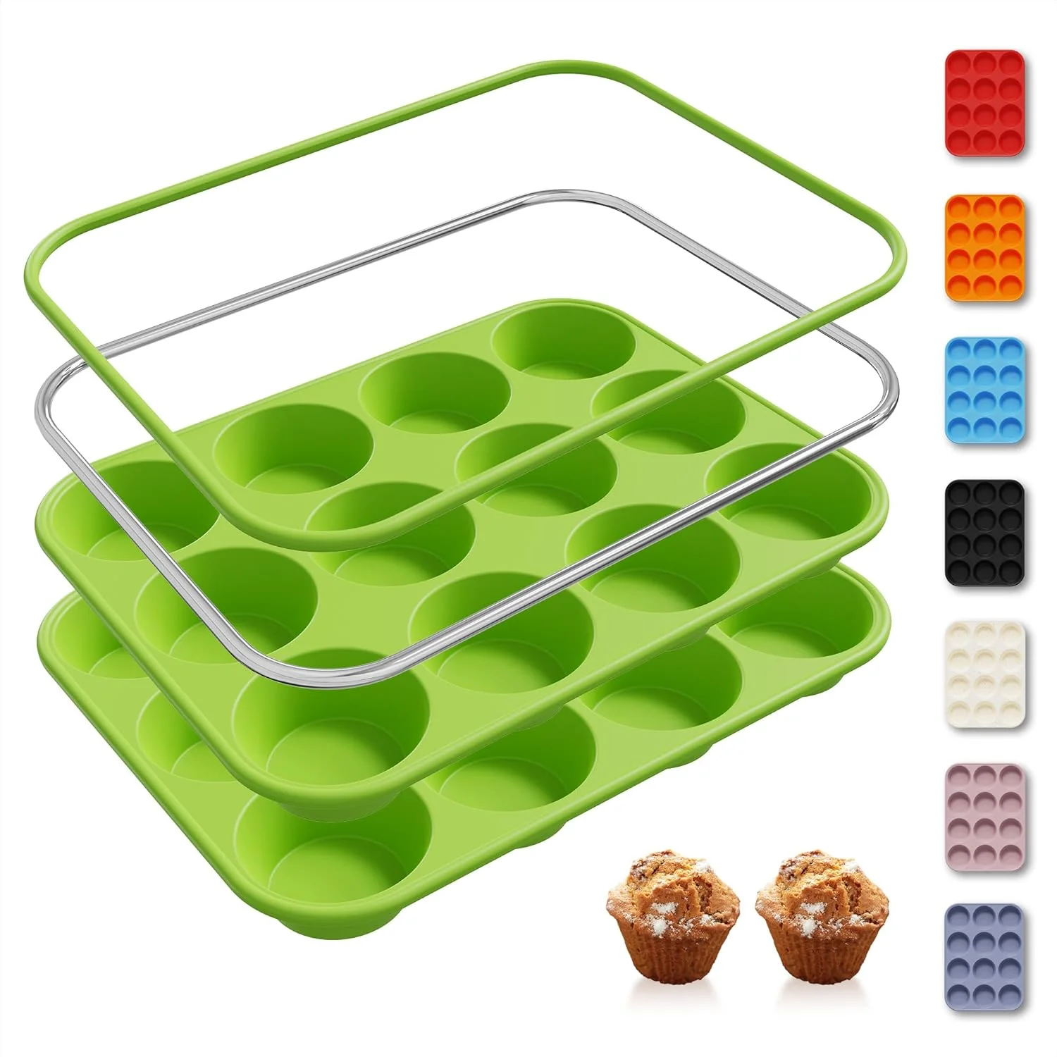 Soft 2 Pack 12 Cups Silicone Muffin Pan with Metal Reinforced Frame Regular Size Silicone Molds Cupcake Cake Baking Pans Cookie Baking Chocoflan Cupcake Mold Kitchen Baking Mold Tools for Cooking Excellent