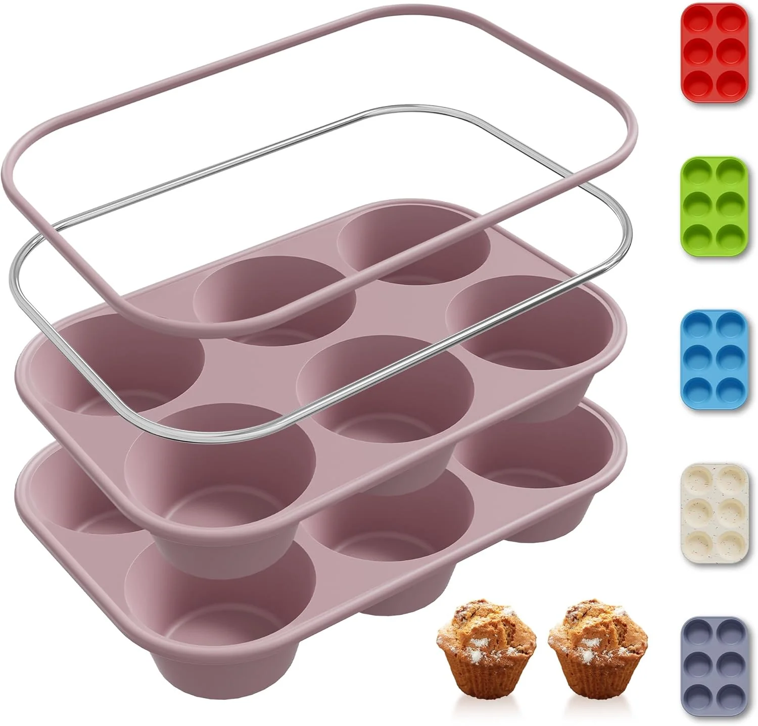 Enhanced 2 Pack 6 Cups Jumbo Muffin Pan with Metal Reinforced Frame Silicone Molds Egg Bites Silicone Circle Cookie Molds Extra Large Muffin Tin Jumbo Tart Pans Baking Sheet Set for Sandwiches Top-Quality