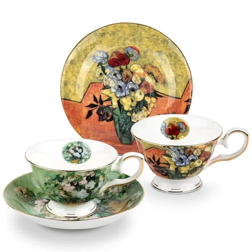 Enhanced Floral Tea Cups Saucers Set of 2 2 Count High-End