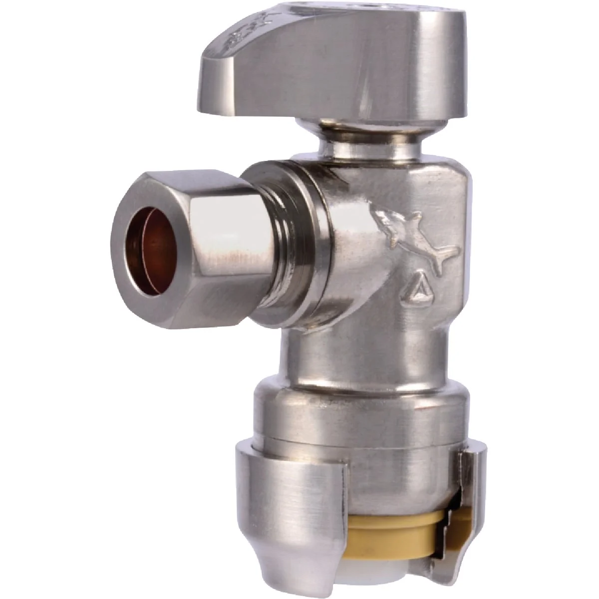 Proven SharkBite 1 2 In. Push-to-Connect x 3 8 in. OD Compression Brushed Nickel Finish Brass Quarter Turn Angle Valve Green