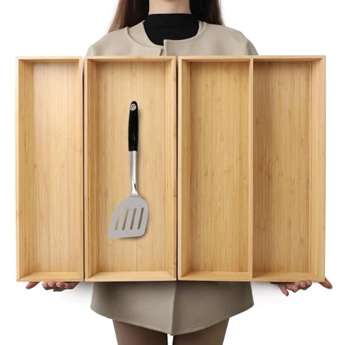 Dependable Large Long V Shaped Bamboo Drawer Organizer Set of 3 78.4 Ounce Durable