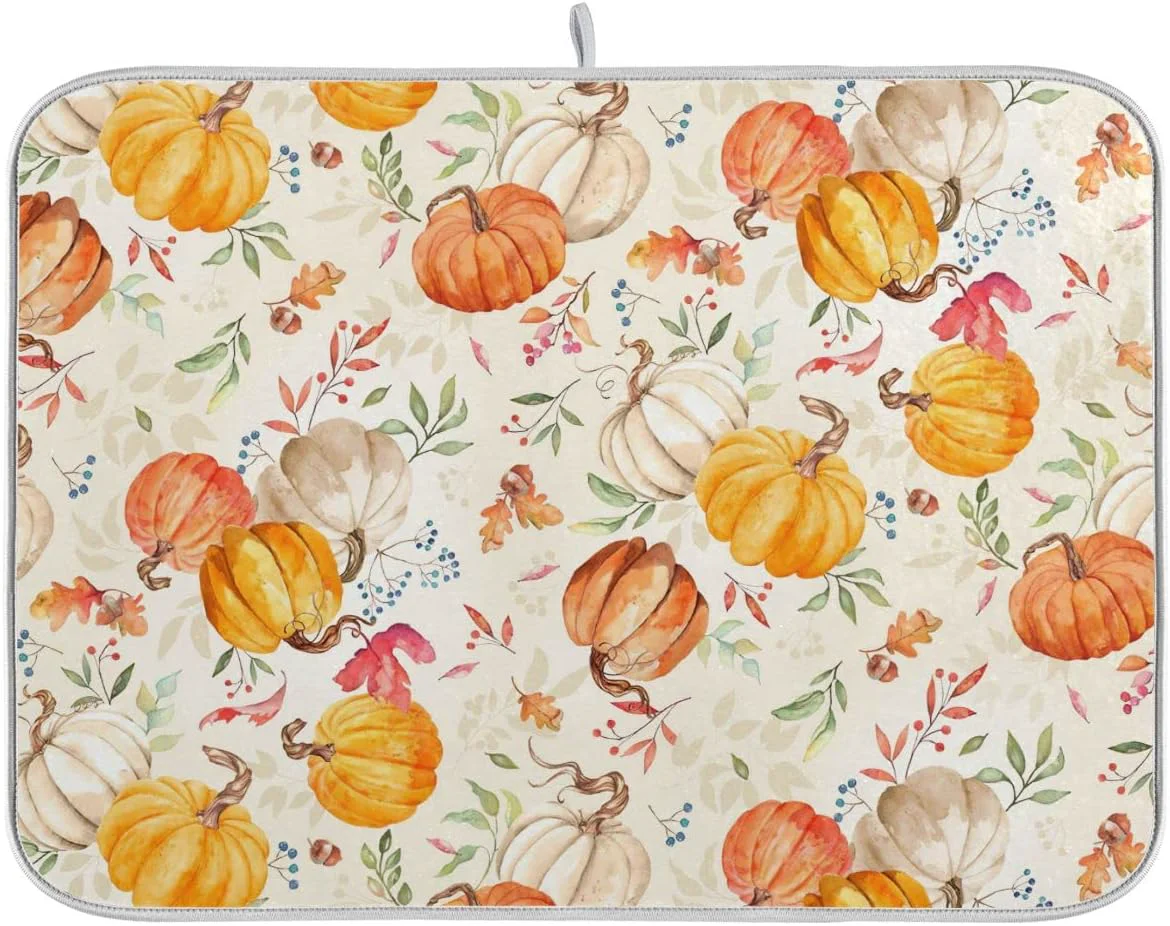 Reliable Autumn Fall Dish Drying Mat for Kitchen Counter Watercolor Pumpkin Maple Leaf Drying Mat 18 x 24 Inch with Absorbent Reversible Microfiber Dish Drying Pad Dish Rack Drainer Mats for Coffee Bar Original