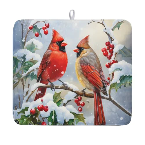 High-End Winter Cardinal Birds Dish Drying Mat User-Friendly