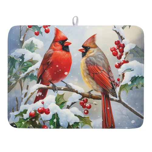 Natural Winter Cardinal Birds Dish Drying Mat Environmentally Friendly