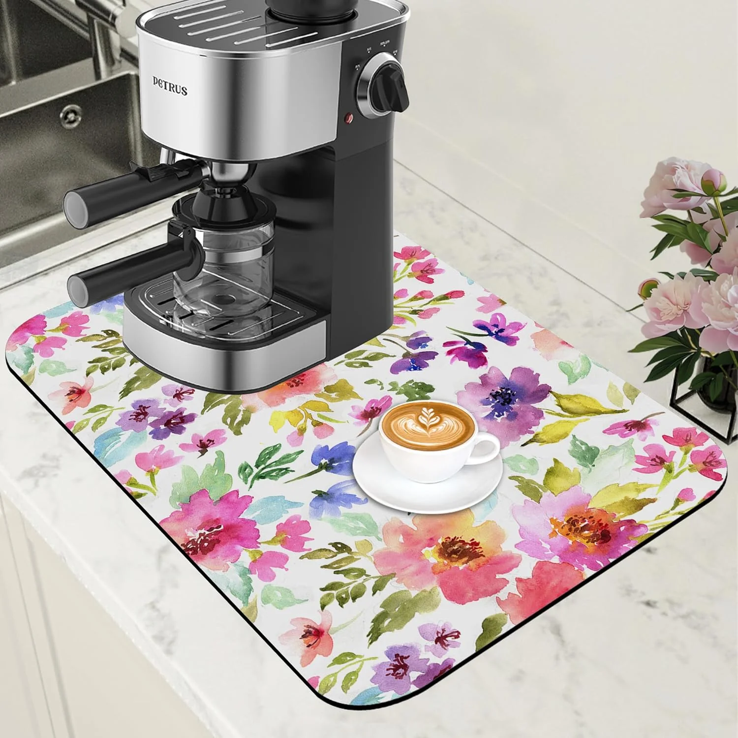 Efficient Floral Watercolor Dish Drying Mat Colorful Flowers Coffee Bar Mat for Countertop Hide Stain Rubber Backed Absorbent Dish Drainer Rack Pad Coffee Pot Espresso Machine Dining Room Decor 11.8 x 19.7 Inch Sophisticated