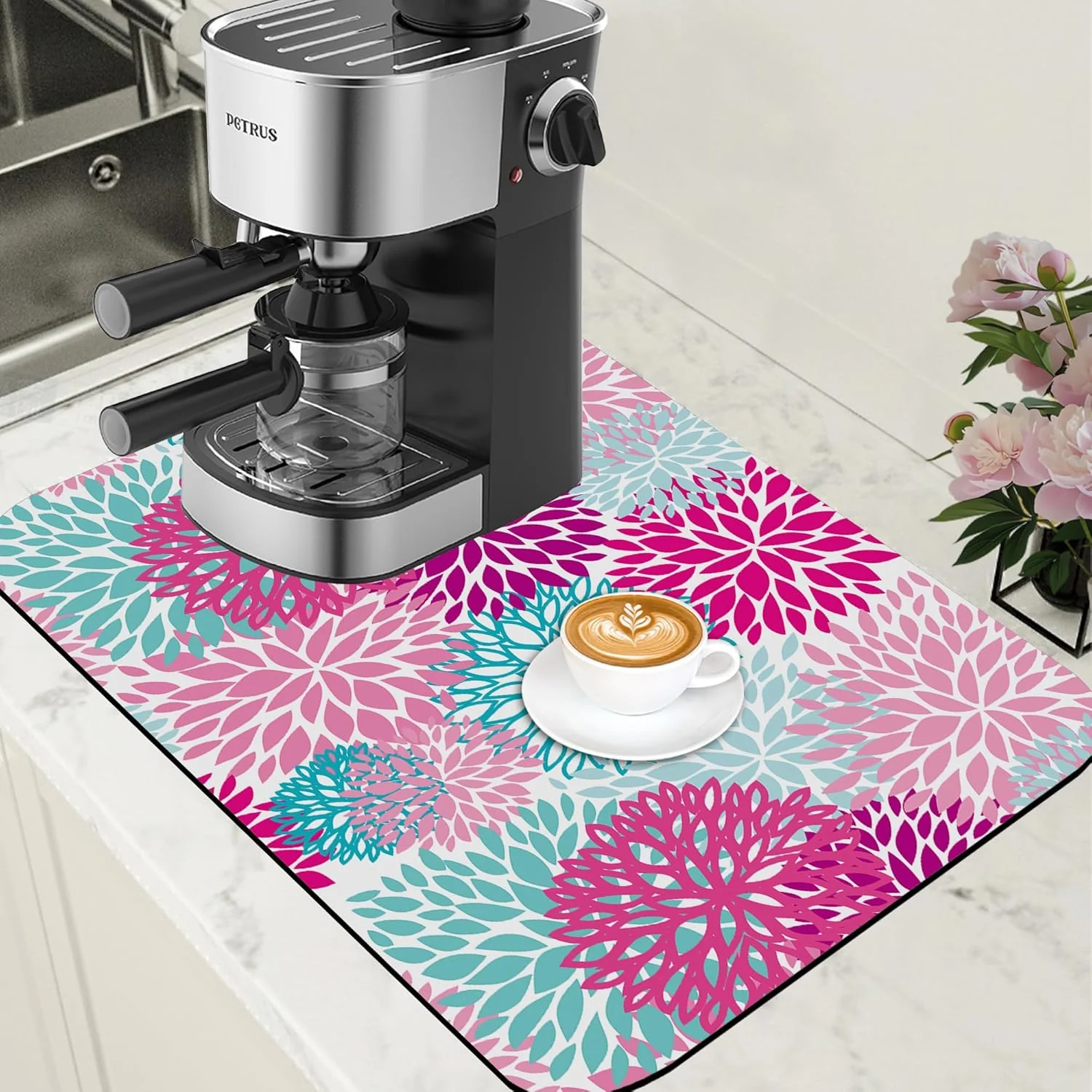 Trusted Pink Blue Chrysanthemum Flowers Dish Drying Mat for Kitchen Counter Coffee Bar Mat Hide Stain Absorbent Rubber Backed Drying Rack Pad Espresso Machine Coffee Bar Accessories 15.7 x 23.6 Inch Specialty