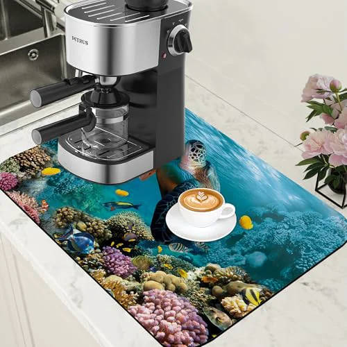 High-Grade Sea Turtle Coffee Mat Absorbent Dish Drying Mat for Kitchen Counter Hide Stain Rubber Backed Coffee Bar Accessories Fit Under Espresso Machine Dish Rack Selected