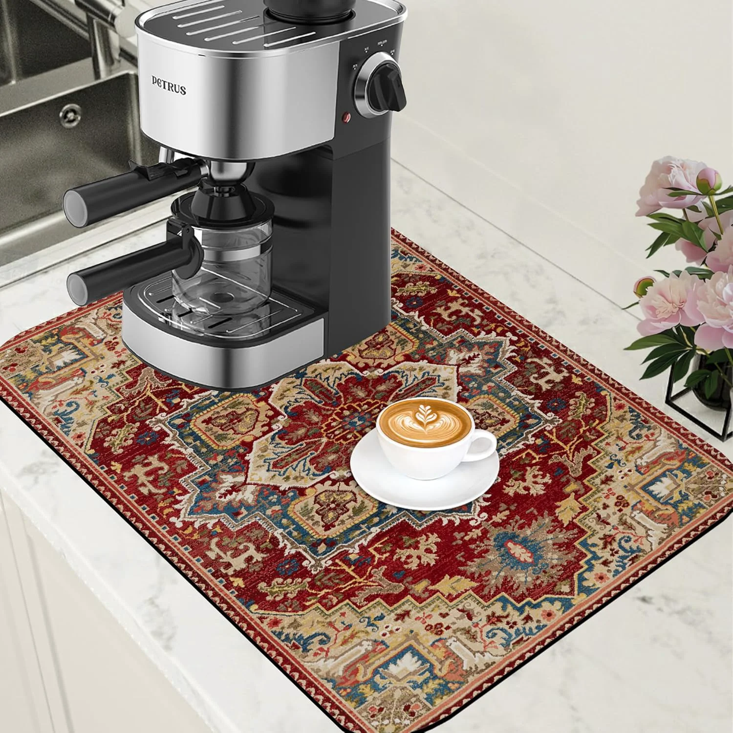 Specialty Boho Dish Drying Mat Persian Tribal Coffee Bar Mat for Countertop Absorbent Rubber Backed Hide Stain Dish Drainer Rack Pad Espresso Machine Coffee Pot Dining Room Decoration 15.7 x 23.6 Inch Healthy