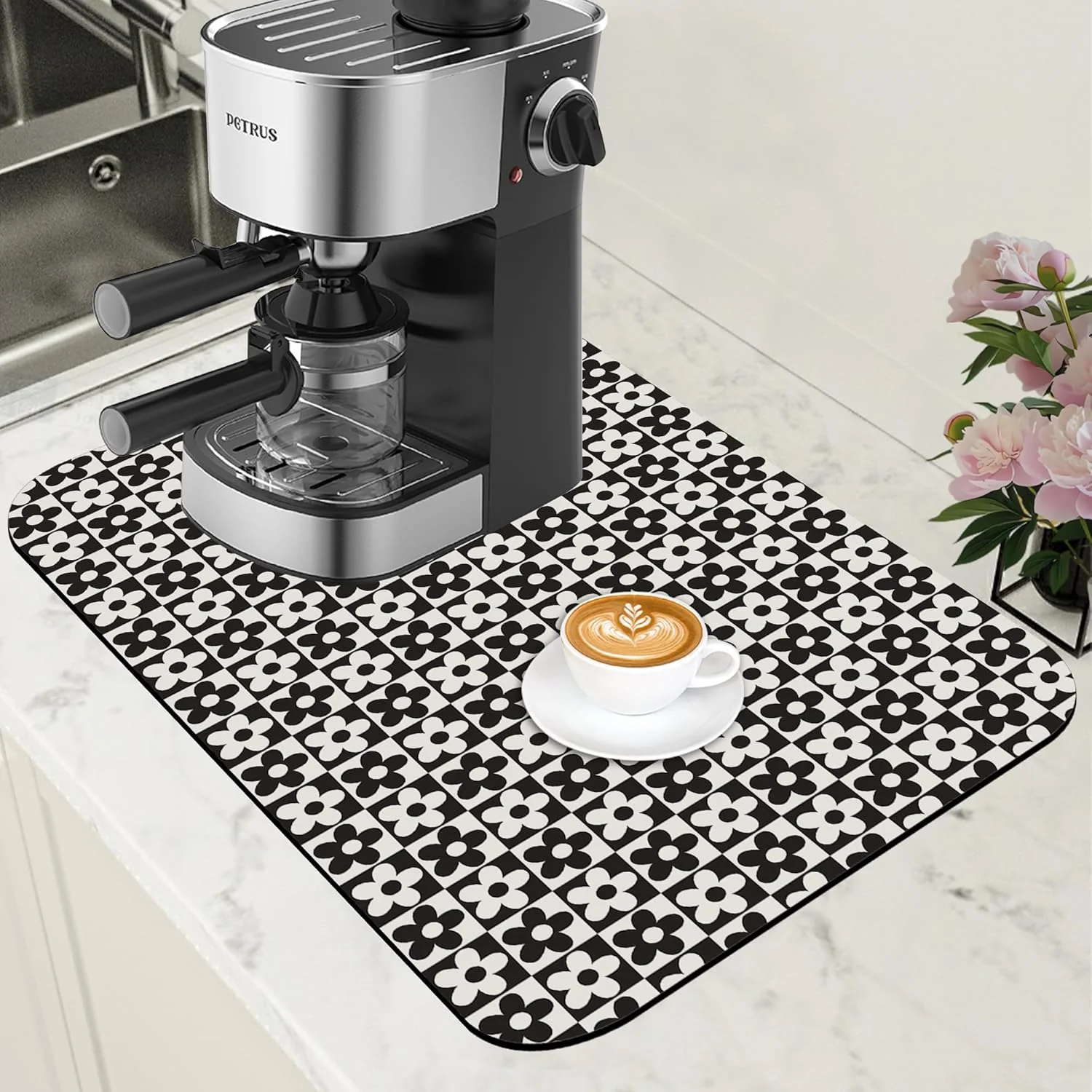 First-Class Black and White Checkered Flower Dish Drying Mat for Kitchen Counter Absorbent Coffee Bar Mat with Hide Stain Rubber Backed Coffee Maker Espresso Machine Cafe Table Accessories 11.8 x 19.7 Inch Smart