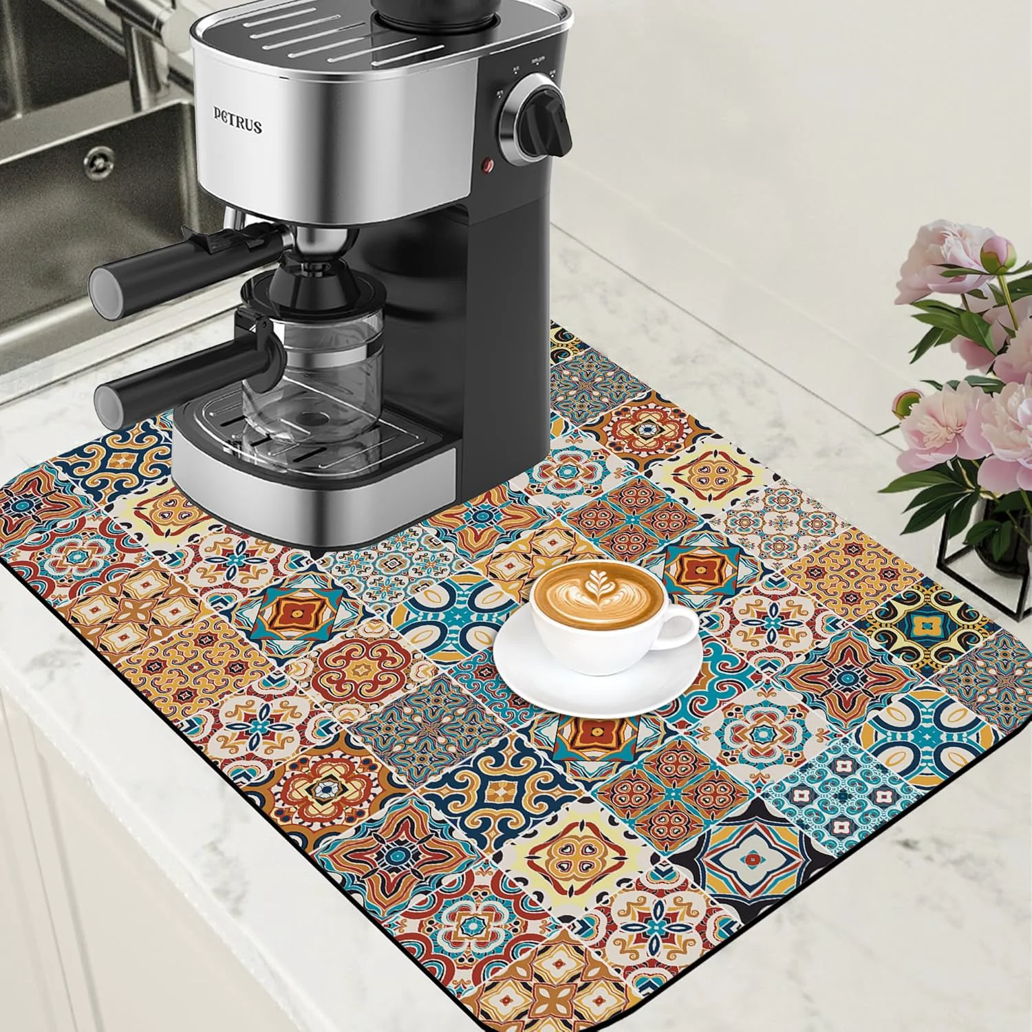 Trusted Dish Drying Mat Multicolor Portuguese Tiles Coffee Bar Mat for Countertop Absorbent Rubber Backed Hide Stain Dish Drainer Rack Pad Coffee Maker Espresso Machine Dining Room Decor 15.7 x 23.6 Inch Convenient