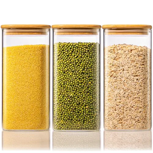 Sustainable 57 oz Square Glass Food Storage Containers with Airtight Bamboo Lids 3 Count Modern