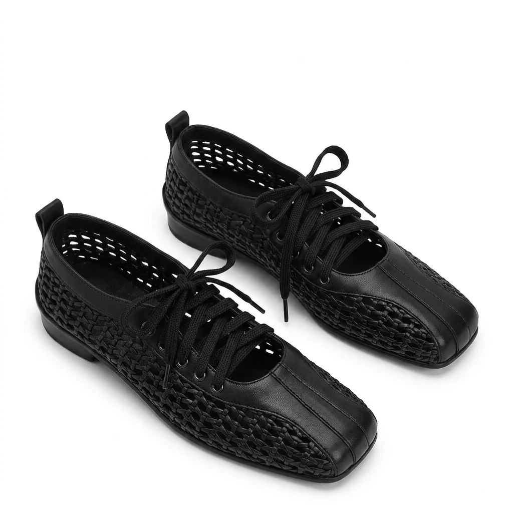 Durable Women's Square Toe Mesh Ballet Flats Lace-Up Casual Sneakers High-Grade
