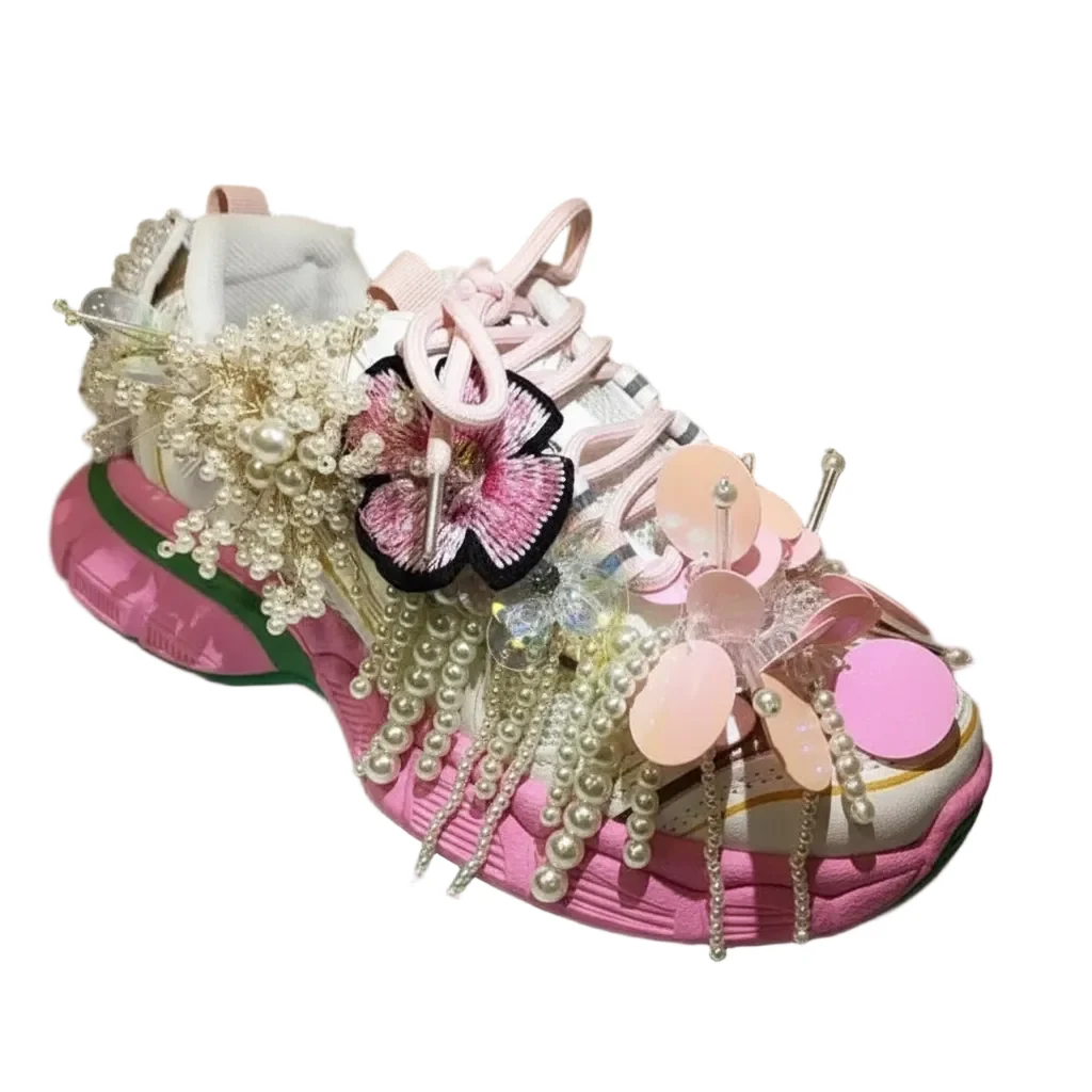 Breathable Women's Floral Pearl Beaded Tassel Daddy Sneakers C55-1 Environmentally Friendly
