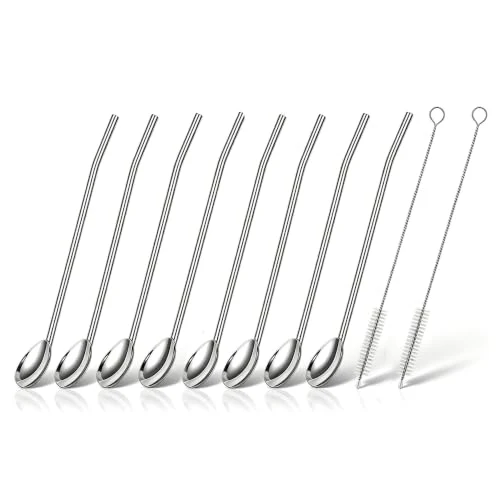 Sustainable 8pcs 2 in 1 Stainless Steel Straws Spoons with 2pcs Cleaning Brushes High-End