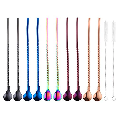 Sophisticated 10 pcs Metal Straw Spoons with 2 Cleaning Brushes Enhanced