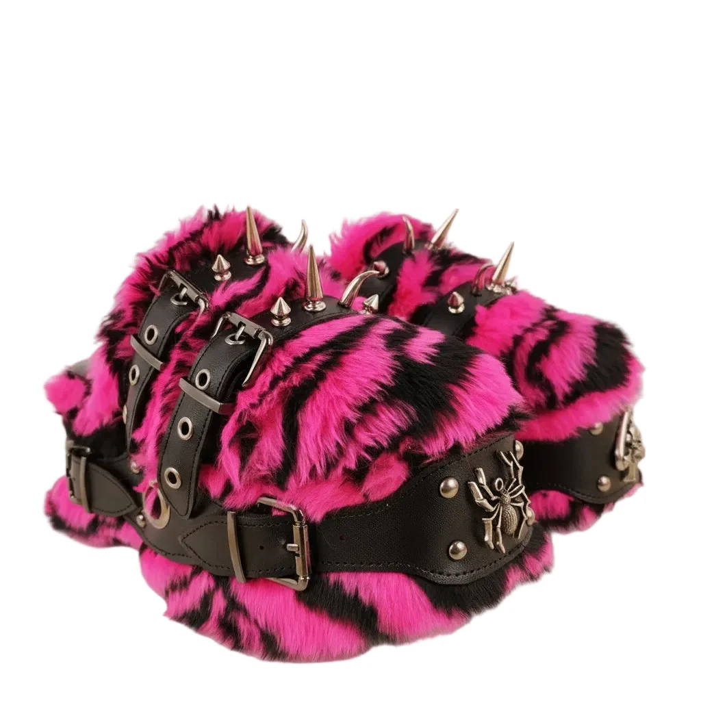 Enhanced Women's Rivet Platform Furry Slippers Round Toe Thick Bottom Sandals Authentic