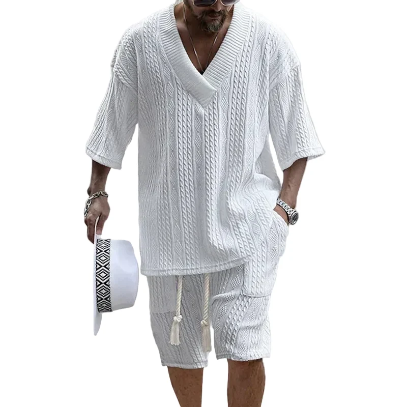 Advanced Men's V-Neck Short Sleeve Knitted T-Shirt and Shorts Casual Two-Piece Set Unique