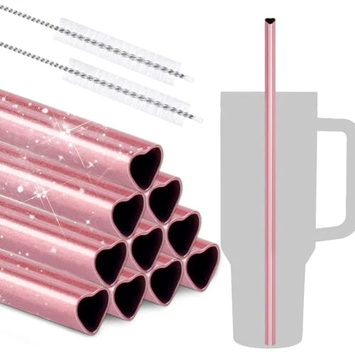 Environmentally Friendly 12 Heart Shaped Stainless Steel Straws Fit for Stanley Tumbler 40oz 10 Count Easy-to-Use