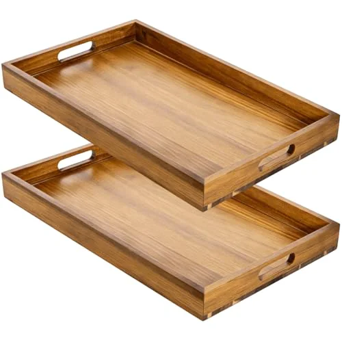 Healthy 2 Pack 17 x 12 Inch Acacia Wood Serving Tray with Handles 2 Count Artisan