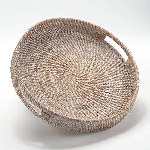 Environmentally Friendly Round Rattan Serving Tray Decorative Woven Ottoman Trays with Handles for Coffee Table White Green