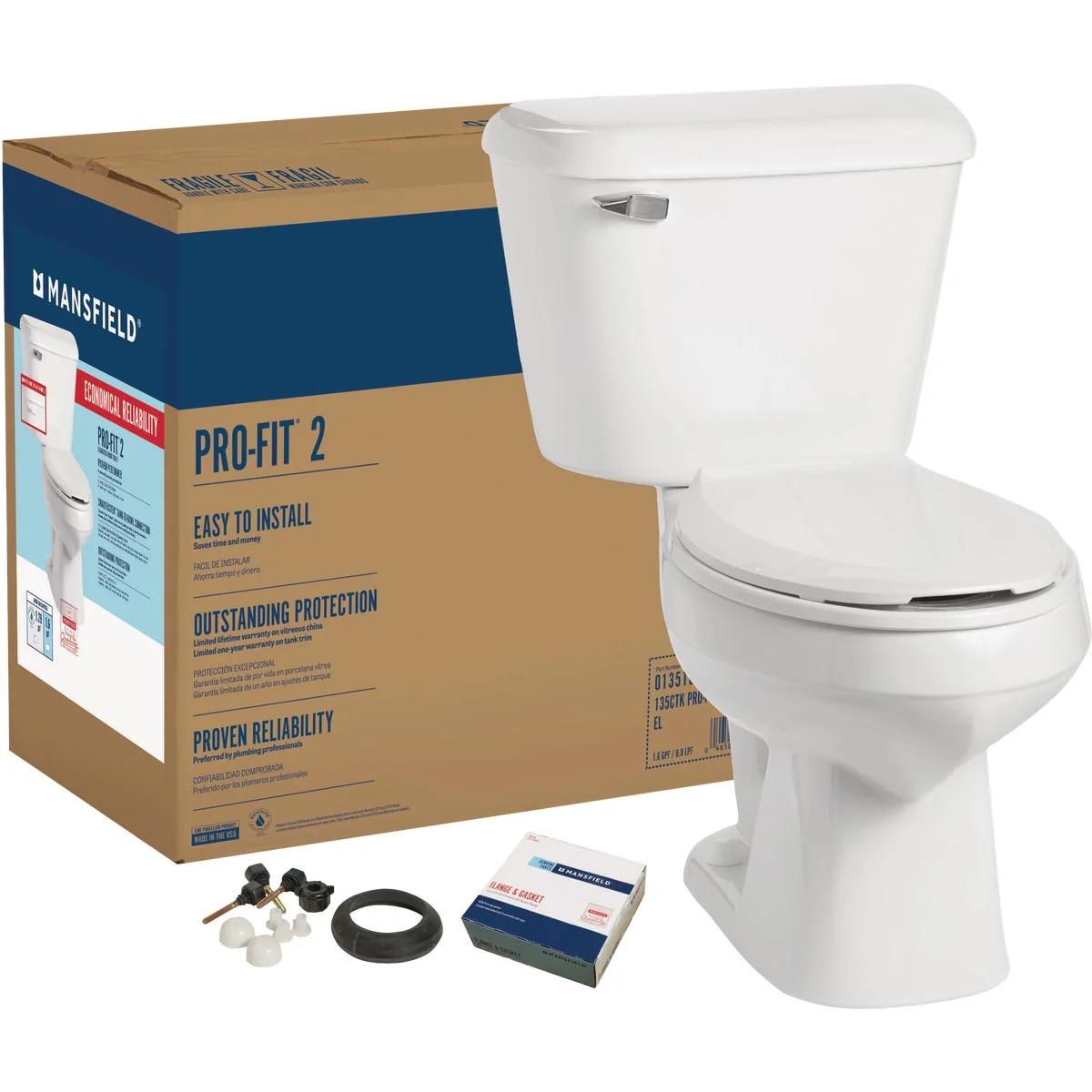 Artisan Mansfield Pro-Fit 2 White Elongated Bowl 1.6 GPF Toilet Kit Luxury