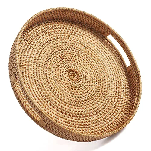 Elegant Coffee Table Tray Round Rattan Ottoman Tray Woven Serving Trays with Handles for Home and Kitchen Decorative Natural Original Design