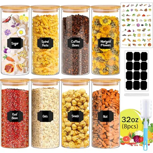 Authentic 32 oz 8 Pcs Glass Jars with Bamboo Lids 8 Count Sustainable