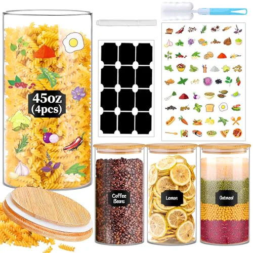 Dependable Glass Storage Jars 45 oz 4 Pcs Clear Glass Food Storage Containers with Airtight Bamboo Lid Stackable Kitchen Canisters for Candy 4 Count Optimized