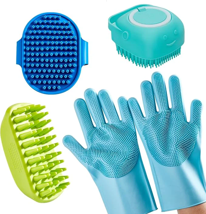 Exclusive 4-Piece Rubber Pet Grooming Kit for Dogs and Cats - Gentle Deshedding Brush Massage Gloves Suitable for Short Long Hair Bathing and Shedding Tool（3 Blue Green）About This Soft