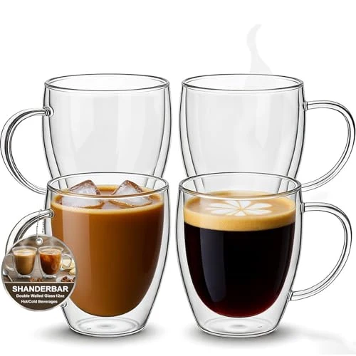 Exceptional 12oz Double Walled Glass Coffee Mugs with Handles 4 Count Durable