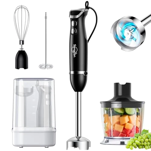 World-Class 6-in-1 Immersion Blender Handheld Hand Blender with Chopper 34oz Blending Cup Storage Base 2-Speed Adjustable Stick Blender Stainless Steel Blades Detachable Blender Whisk Milk Frother Clean