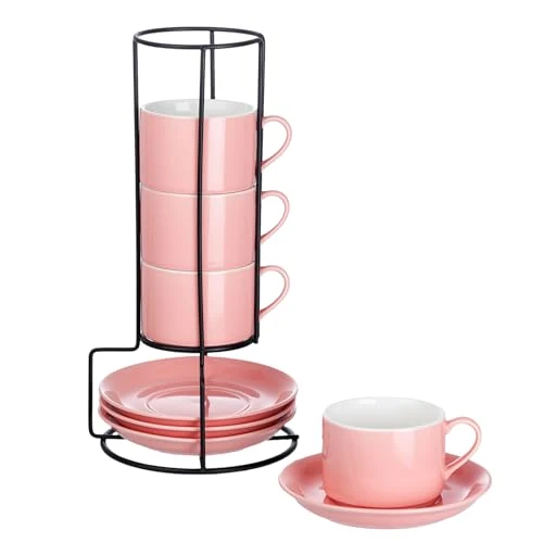 Safe 8 OZ Porcelain Stackable Cappuccino Cups and Metal Stand Set of 4 4 Count Reliable